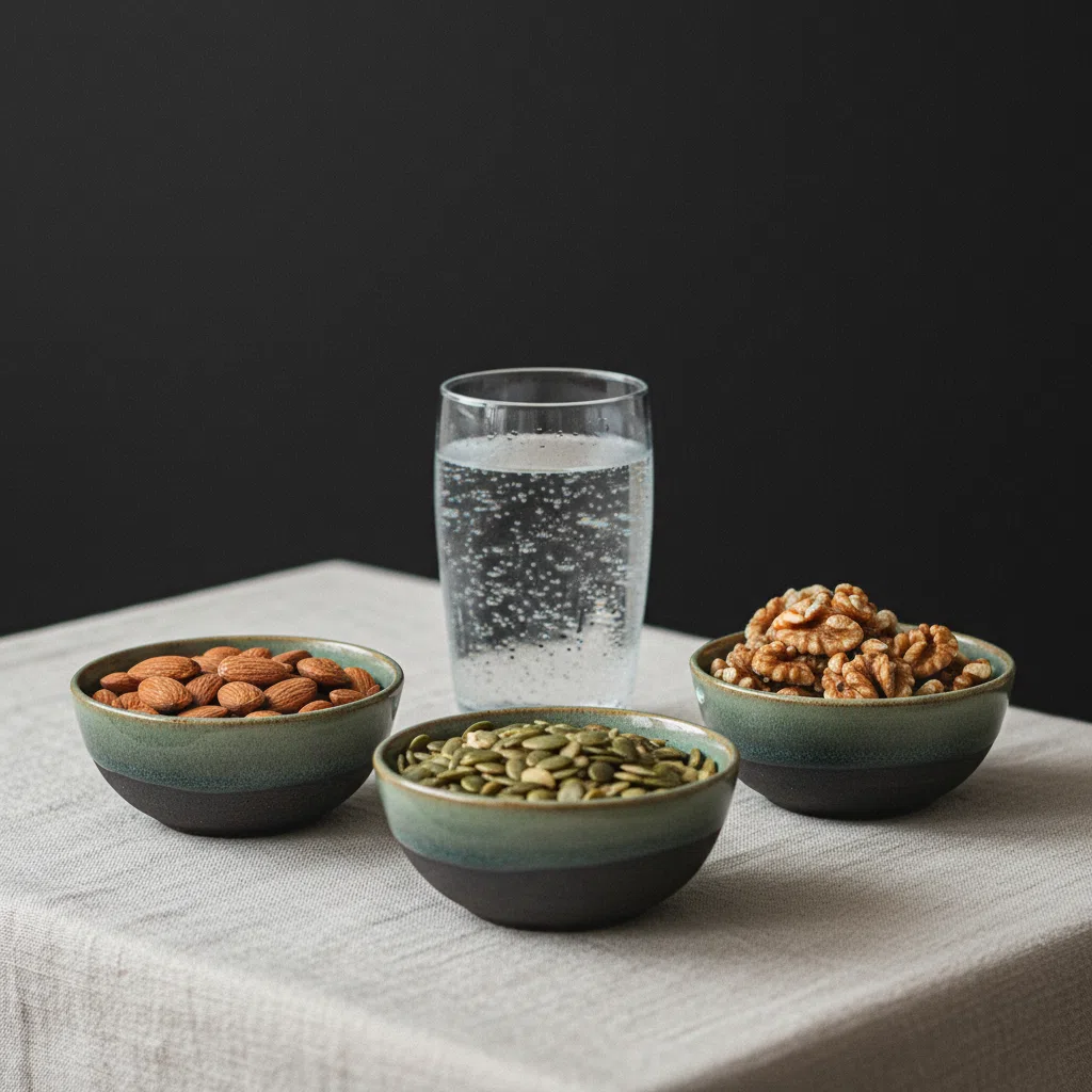 Amandelen, pompoenpitten en een glas mineraalwater in keramische kommetjes op een lichte tafel